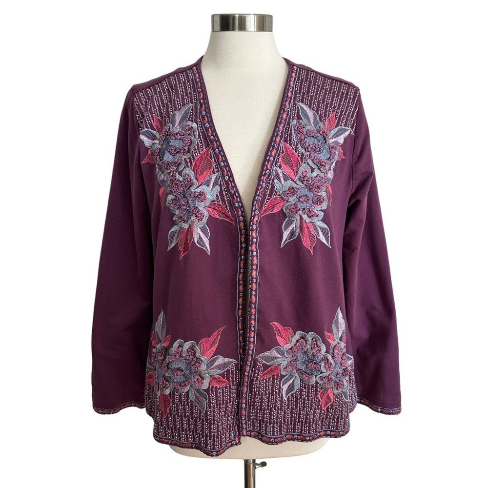Soft Surroundings LARGE Playa Purple Embroidered Open Front Jersey Cardigan Swea